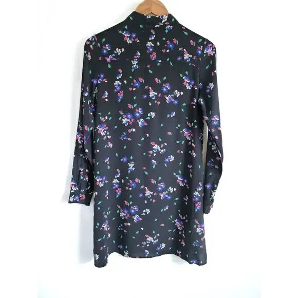 SEZANE Silk Black Pink Floral Print Long Sleeve Mini Shift Shirt Dress S $205 - Picture 5 of 11